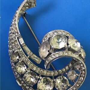 Sterling Silver and White Rhinestone Crescent Brooch